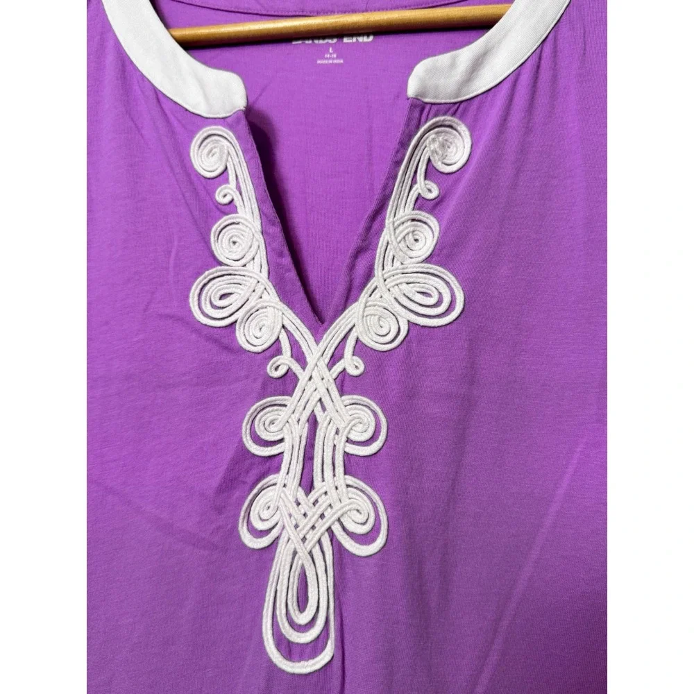 Lands End Women Purple Cotton Soutache Split Neck Sleeveless Shift Dress L 14-16